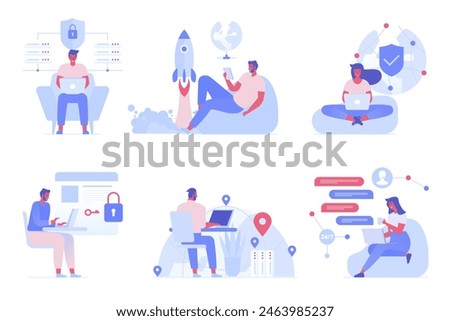 VPN security software for computers and smartphones. VPN protection. Online secure connection. Computer virtual private network. Web security scheme. Flat vector illustration
