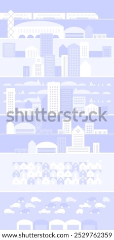 Vertical cityscape panorama Megapolis city view Smart city. Urban landscape with many building. Collection of houses, skyscrapers, buildings, supermarkets with streets and traffic. Vector illustration