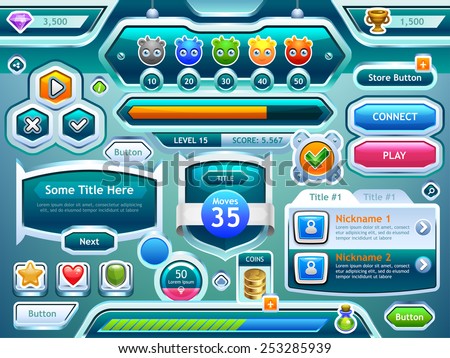 Game UI. Examples of screens, buttons, bars progression for computer and mobile games. Vector eps 10.