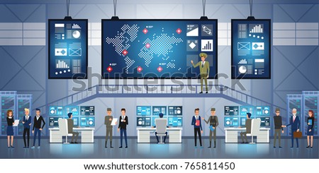 Government Surveillance Agency and Military Joint Operation. People and the military Working at System Control Center.