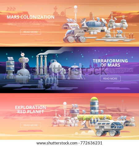 Mars Colonization Terraforming Exploration Red planet Vector web banners