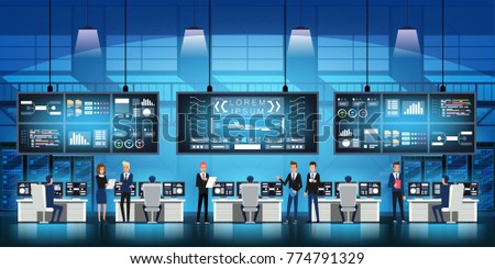 Professional IT engineers in big data center work on new technology government project with server rooms and computers System Control Center Full of Monitors