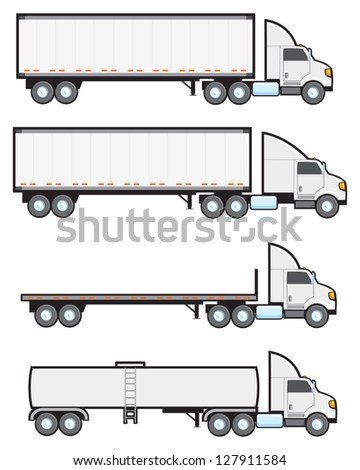Four common types of American big rigs or eighteen wheeler tractor trailers.