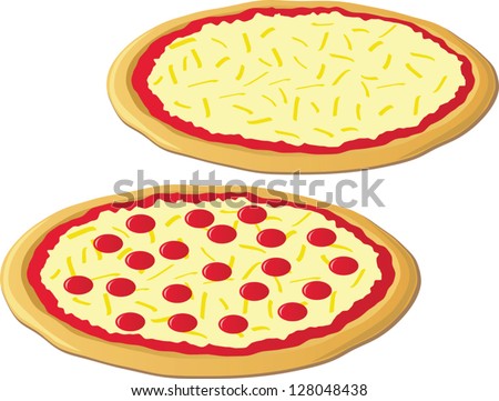 An illustration of two delicious cheese pizzas, one cheese and one pepperoni pizza.