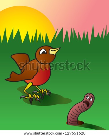 A Cartoon Depiction Of An Early Bird About To Catch A Worm. Stock ...