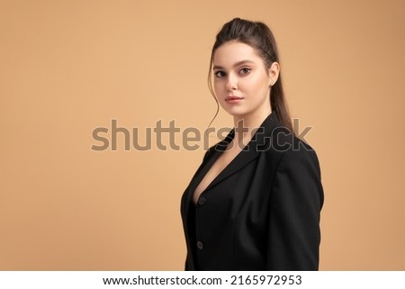Similar – Image, Stock Photo Side portrait of a young woman with freckles and dimples smiling looking over her shoulder
