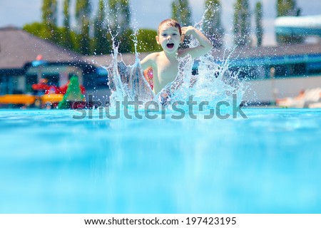 Similar – Image, Stock Photo Boy jumping and splashing in a pool