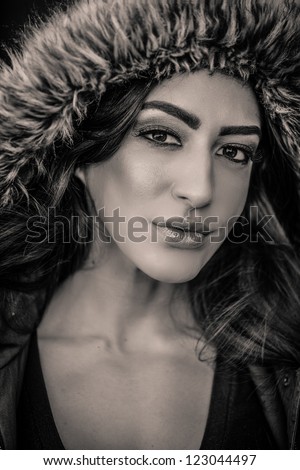 Black and white image of a Beautiful woman with long hair