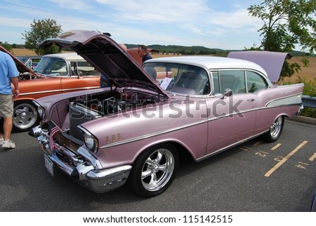 FREDERICK, MD- SEPTEMBER 16: 1957 Pink Chevrolet Bel Air on September 16, 2012 in Frederick , MD USA. Alzheimer\'s Association Benefit Car Show at Motor Vehicle Administration in Maryland.