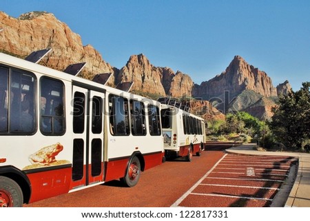 MOAB, UTAH - MAY 8: Zion National Park Shuttle Bus on May 08, 2009 in Utah, USA. Zion National Park Shuttle Bus rides to all the park main attractions, serving visitors from all over the world.