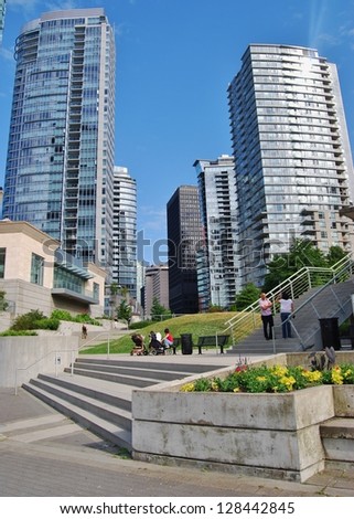 VANCOUVER, CA - JUNE 25: Downtown Vancouver Modern Architecture, and Lifestyle on June 25 , 2011 in Vancouver, CA. Vancouver has prominent buildings in a variety of styles by many famous architects