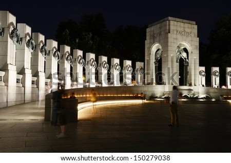 WASHINGTON, DC-JUNE 22: World War Memorial II  at Night on June 22 2013 in Washington,DC USA. People from all over the world come to visit, it is dedicated to Americans who served in the armed forces.