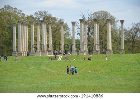 WASHINGTON, DC - MAY 4 -US National Columns Arboretum in Washington DC, USA on May 4, 2104. Corinthian columns with twenty-two columns submerged in 20 acres of open meadow, known as the Ellipse Meadow