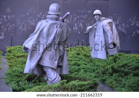 WASHINGTON DC - AUGUST 17: Korean War Memorial in Washington DC on August 17, 2014. The Korean War Memorial represents a squad on patrol in a war between South Korea and North Korea.