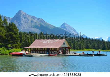 JASPER, ALBERTA - AUGUST 1 - Boat Tours at Maligne Lake in Jasper, Canada on August 01, 2014. Maligne Lake is visited by millions of people every year, and do the boat tour to Spirit Island