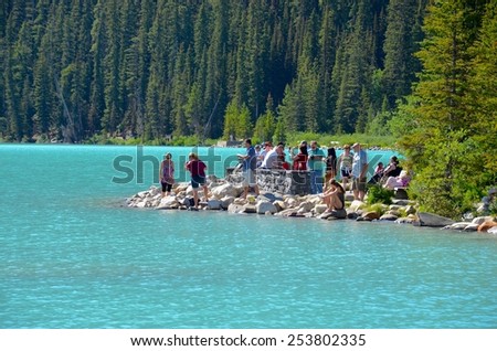LAKE LOUISE, ALBERTA - AUGUST 1 -  Lake Louise in Alberta, Canada on August 01, 2014. The beautiful Lake Louise is visited by millions of people every year.
