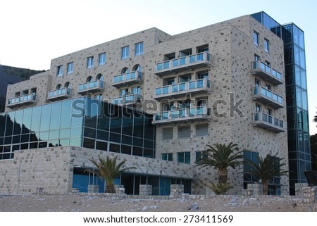 Hotel near the sea Modern architecture, hotel built from modern stone plates and glass