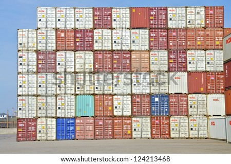 HAMBURG - APRIL 02. Stacked container at the terminal in Hamburg on April 02, 2011. Hamburg is one of the most important harbors for international trade in Europe