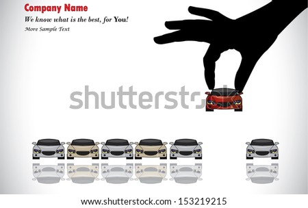 Care Sale or Car Key Concept Illustration : A hand silhouette choosing red colored car from a number of colorful cars display for sale