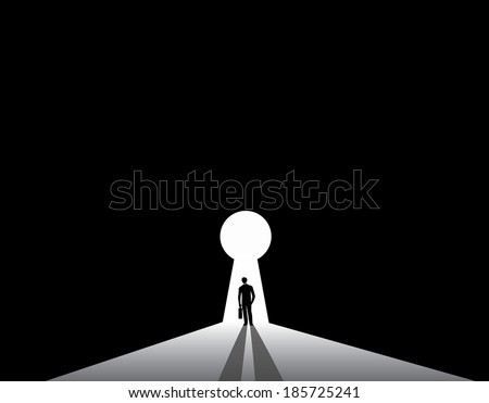 Businessman silhouette standing front of keyhole door concept. nicely dressed business man in suit with suitcase stand thinking, dreaming, planning solution for big problem.