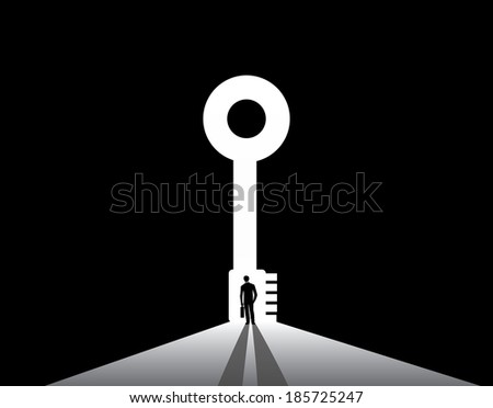 Businessman silhouette standing front of key door concept. nicely dressed business man in suit with suitcase stand thinking, dreaming, planning in front of big key shaped door concept illustration