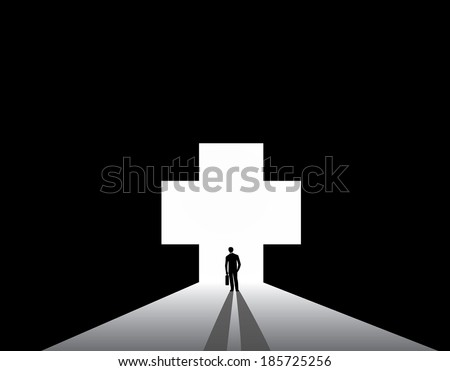 Businessman silhouette standing front of medical plus shape door. nicely dressed business man in suit with suitcase stand thinking, dreaming, planning in front of big medical plus shaped door concept