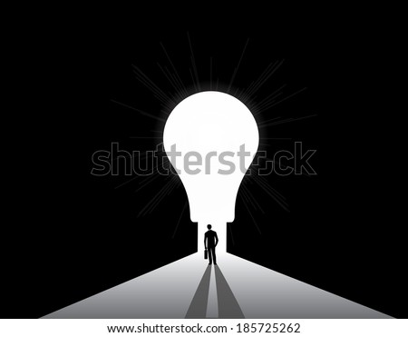 Businessman silhouette standing front of big idea lightbulb door. nicely dressed business man in suit with suitcase stand thinking, dreaming, planning in front of big light bulb shaped door concept