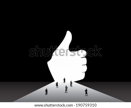 Business men and women standing front of big thumbs up door. nicely dressed businessmen and businesswomen standing, thinking, dreaming, planning in front of big thumbs up shaped door concept
