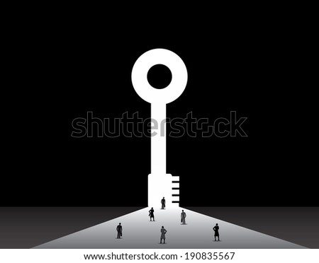Business men and women standing front of big success key door.  nicely dressed businessmen and businesswomen standing, thinking, dreaming, planning in front of big successful key shaped door concept
