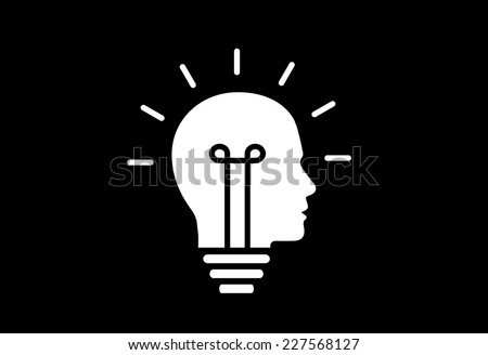 colorful bright simple glowing idea light bulb in a young male human head or thinking mind - abstract unique innovative success concept symbol icon with black background