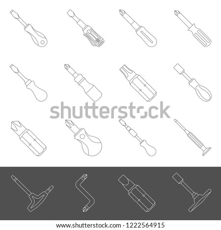 Line Icons - Sixteen different types of screwdrivers