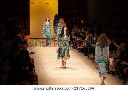 MILAN, ITALY - SEPTEMBER 19: models walk the runway during the Etro Ready to Wear show as a part of Milan Fashion Week Womenswear Spring/Summer 2015 on September 19, 2014 in Milan, Italy