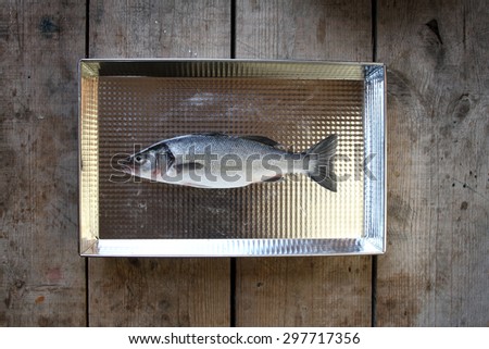 fish - raw fish on a natural wooden floor -  Bass, European seabass, lubin, brancin, smudut, Wolfbarsch, Meerbarsch