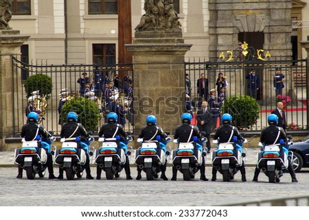 Prague, Czech Republic, May 14, 2009. seven riders of the guard of honor was lined up in front of the presidential Palace,