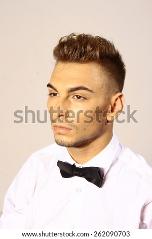 classic man portrait with hairdress, hairdresser, isolate on white background