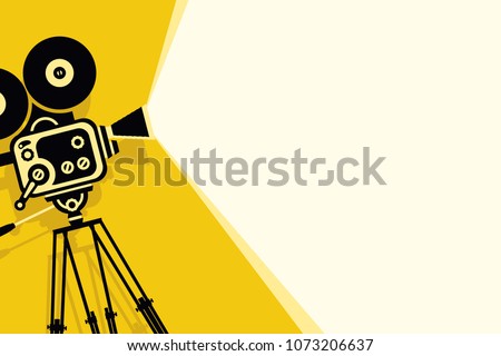 Vector yellow background with lighting old fashioned movie camera on the tripod. Can used for banner, poster, web page, background