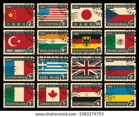 Vector set of postage stamps on the travel theme with flags of different countries