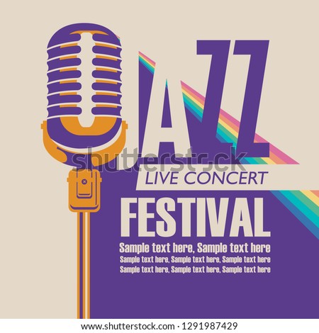 Vector poster for a jazz festival live music with a microphone, rainbow rays and place for text in retro style