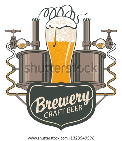 Vector banner for craft beer and brewery, with a calligraphic inscription, an overflowing glass of frothy beer and brewing machine of the old brewery in retro style