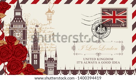 Vector postcard or envelope with Big Ben in London, red roses and inscription I love London. Retro postcard with postmark in form of royal coat of arms and postage stamp with UK flag