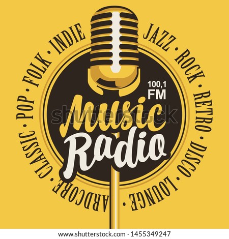 Vector banner for music radio station with microphone and inscription in retro style. Radio broadcasting concept with classic dynamic mic. Suitable for banner, ad, poster, flyer, logo