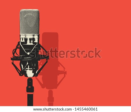 Vector banner with studio microphone on the red background in realistic style. Professional sound recording equipment. Suitable for banner, flyer, ad, poster, invitation to karaoke party