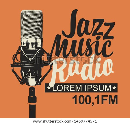 Vector banner for jazz music radio with microphone and inscription in retro style. Radio broadcasting concept with professional studio mic. Suitable for banner, ad, poster, flyer, logo