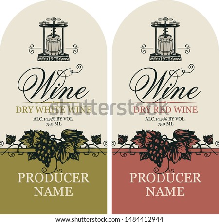 Vector set of two labels for wine with hand-drawn bunches of grape, wine press and calligraphic inscription in retro style