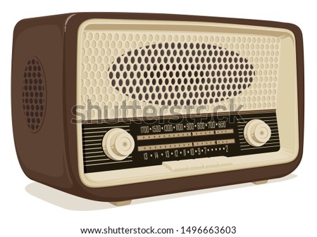Realistic vector image of an old radio receiver of the last century in retro style. Isometric illustration of an old-fashioned radio isolated on white background. Retro music