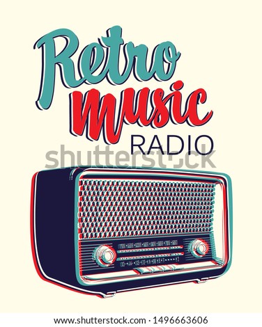 Vector banner for radio station with an old radio receiver and inscription Retro music radio. Radio broadcasting concept. Suitable for banner, ad, poster, flyer, logo