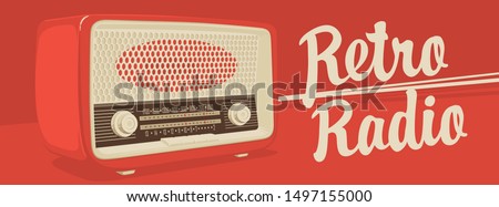 Vector banner for radio station with an old radio receiver and inscription Retro radio on the red background. Radio broadcasting concept. Suitable for banner, ad, poster, flyer, logo