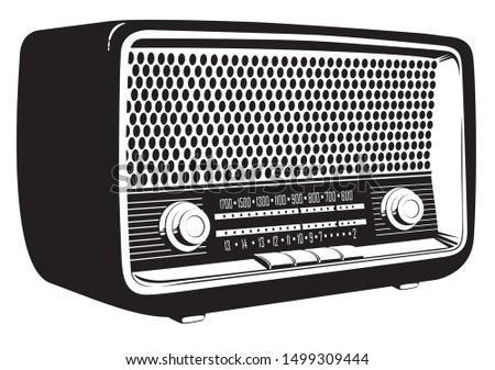 Black and white vector image of an old radio receiver of the last century in retro style. Isometric illustration of an old-fashioned radio isolated on white background. Retro music