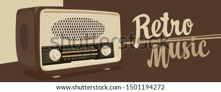 Vector banner for radio station with an old radio receiver and inscription Retro music. Radio broadcasting concept. Suitable for banner, ad, poster, flyer, logo