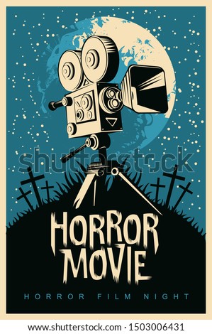 Vector poster for a festival of horror movie with an old film projector on a cemetery on a moonlit night. Scary cinema. Suitable for poster, flyer, billboard, web design, ticket, advertising 商業照片 © 